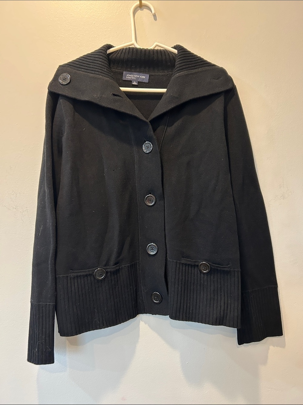 Jones New York Black Ribbed Collar Knit Sweater Jacket